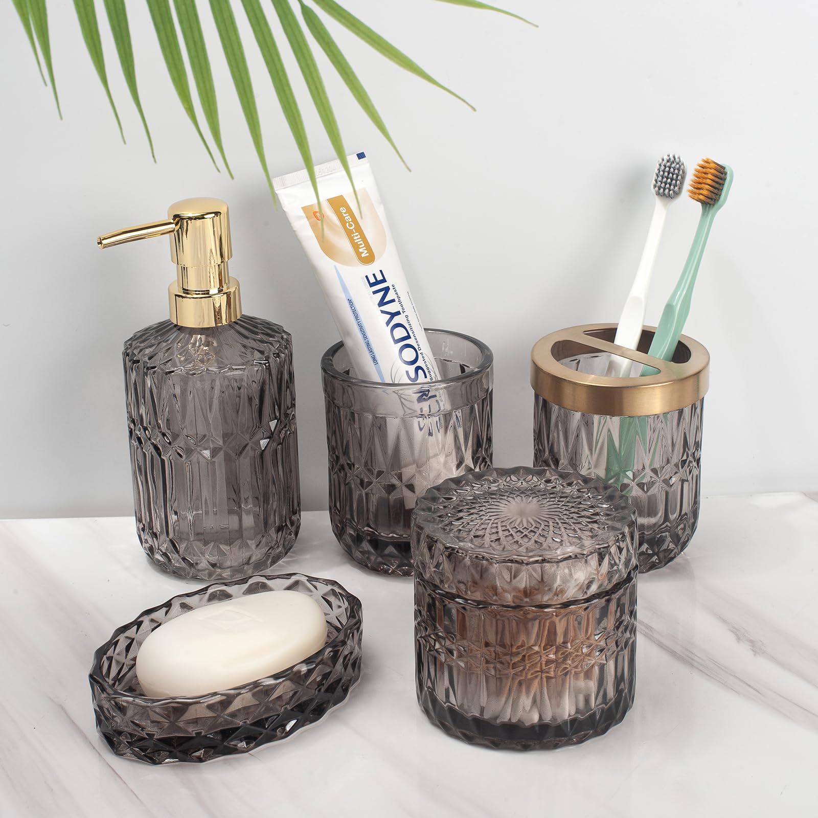 5-Piece Grey Glass Bathroom Accessories Set – Vintage Diamond Cut