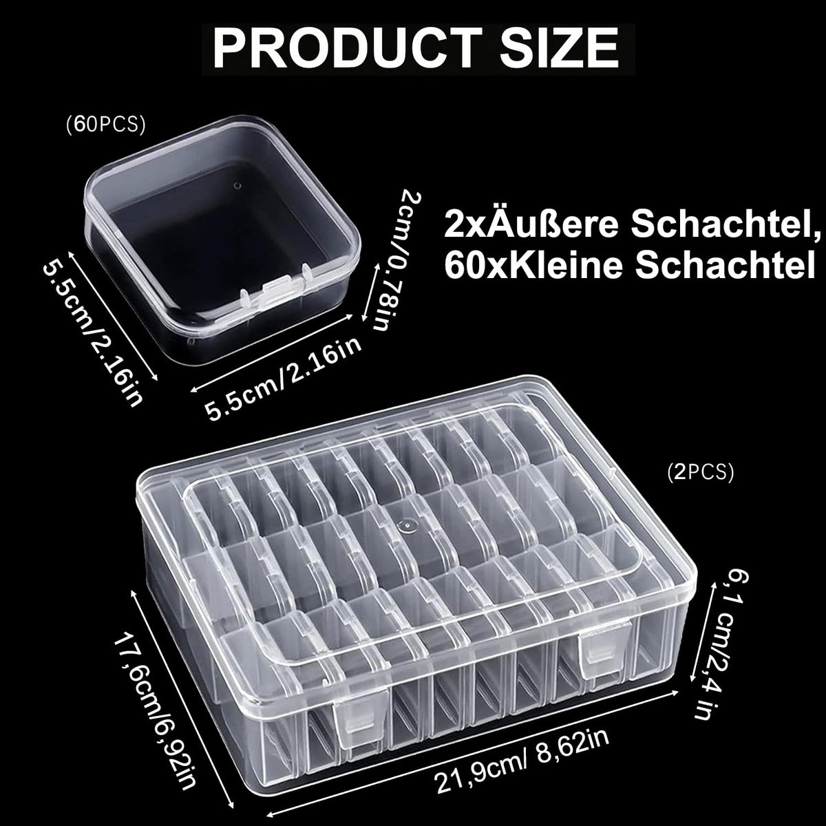 Bhina Pack of 2 Small Storage Boxes 5.5 x 5.5 x 2 cm Mini Storage Box Made of Clear Plastic Pearl Storage Boxes with Hinged Lid for Beads - image 1