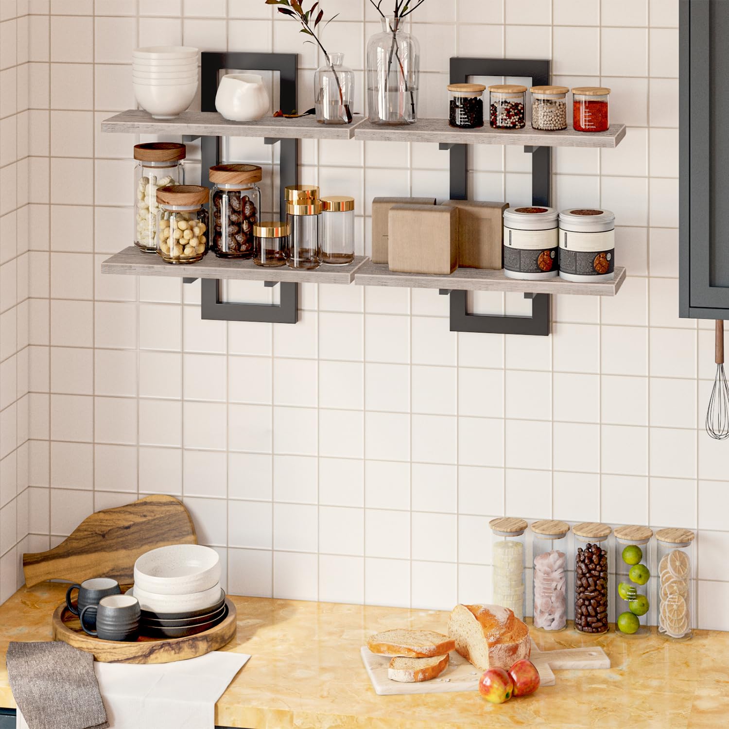 HOOBRO 2-Tier Floating Shelves Set | Greige & Black Wall Mounted Racks