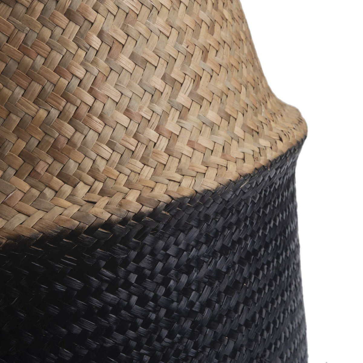 Seagrass Belly Basket Natural Woven Plant Pot Foldable with Handles for Storage Laundry Blankets Toys Natural + Black