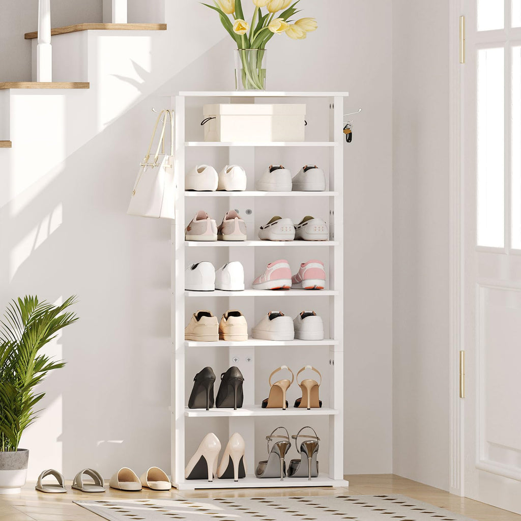 HOOBRO 8-Tier Narrow Shoe Rack – White Wooden Vertical Storage Tower