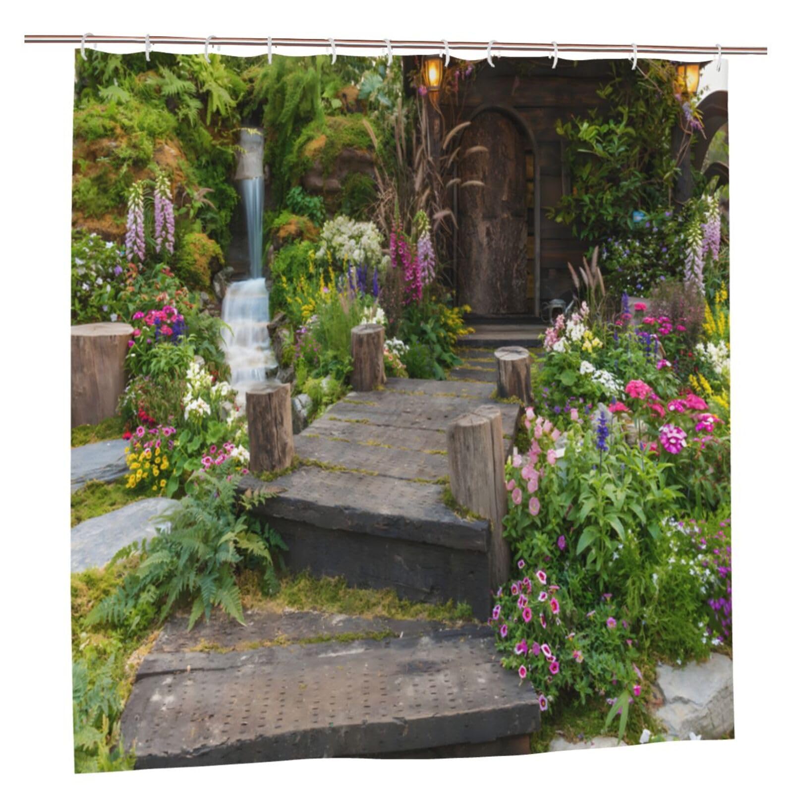 Jolof Store Garden Flower Shower Curtain | Waterproof Quick-Dry Polyester