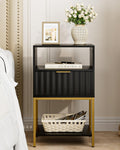 HEYZOEY Modern Black Nightstand | 3-Tier Side Table with Gold Metal Frame