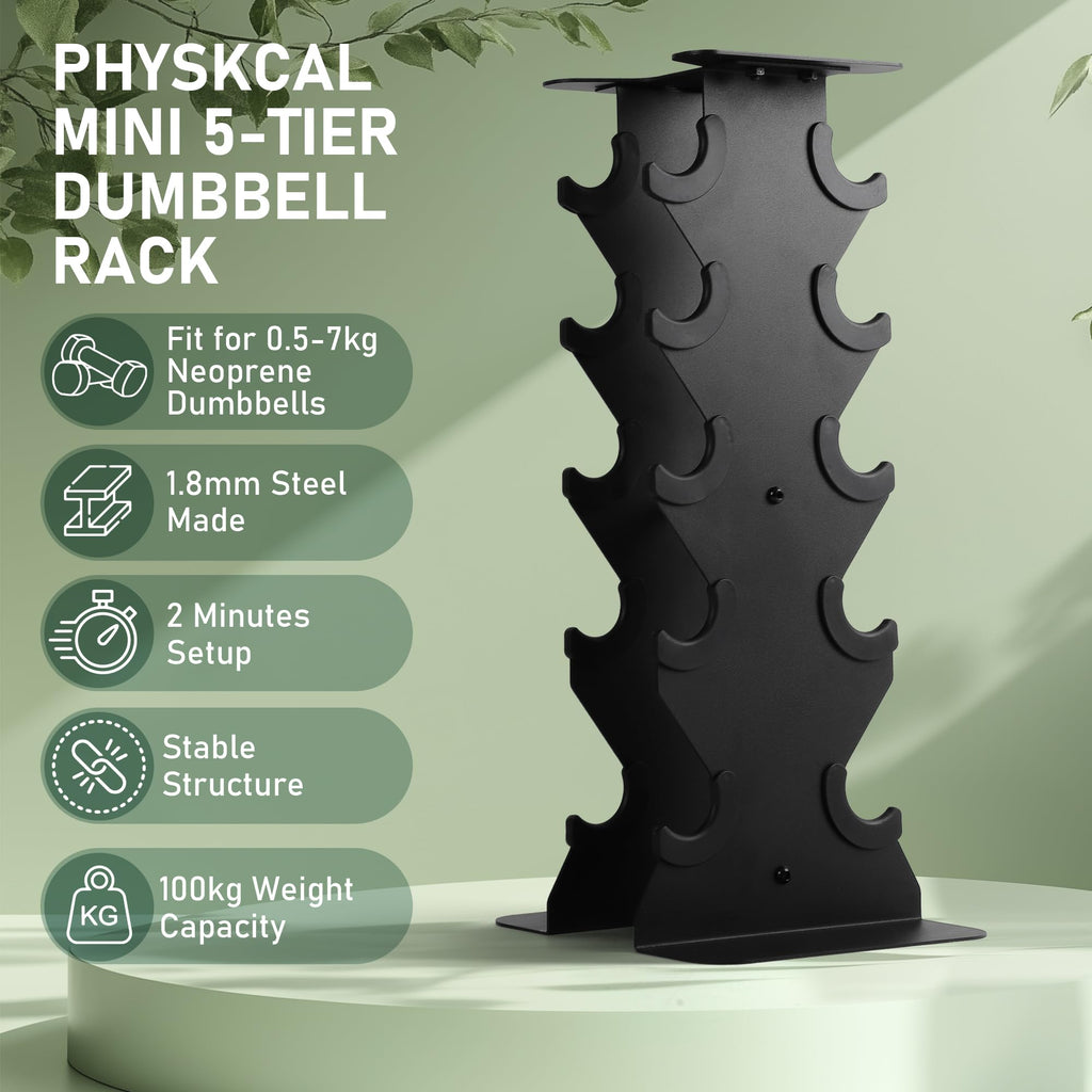 PhysKcal 5-Tier Vertical Dumbbell Rack | Steel Weight Storage Stand