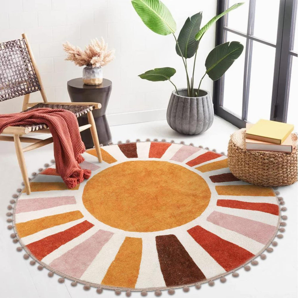 KIMODE Retro Sun Round Area Rug | 120cm Washable Non-Slip Boho Rug