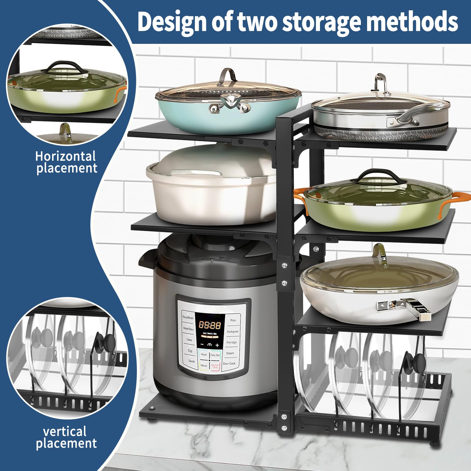 CASONNIK 6+1-Tier Adjustable Pan Organizer Rack | Heavy Duty Carbon Steel