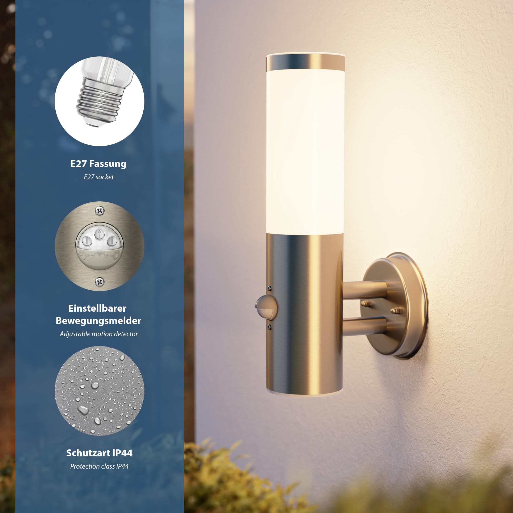 Jolof Store PORU Outdoor Wall Light – 2 Pack Stainless Steel Motion Sensor