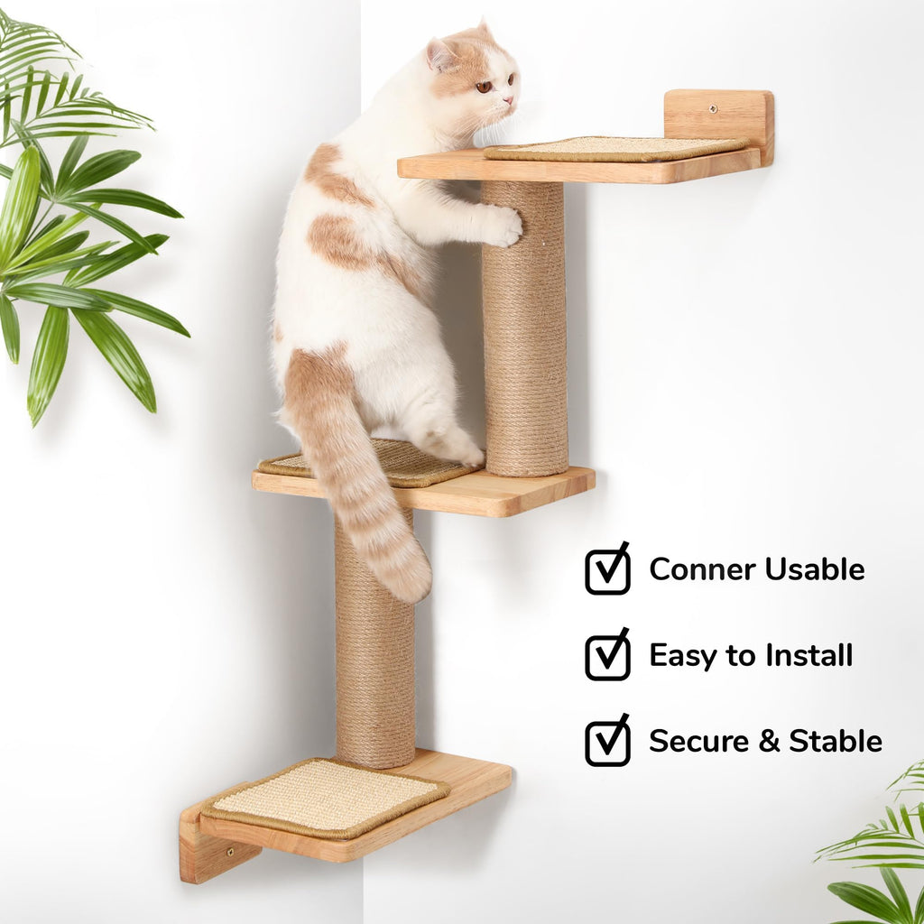 FUKUMARU Wall Mounted Cat Climbing Shelf | Rubber Wood Stair with Jute Post