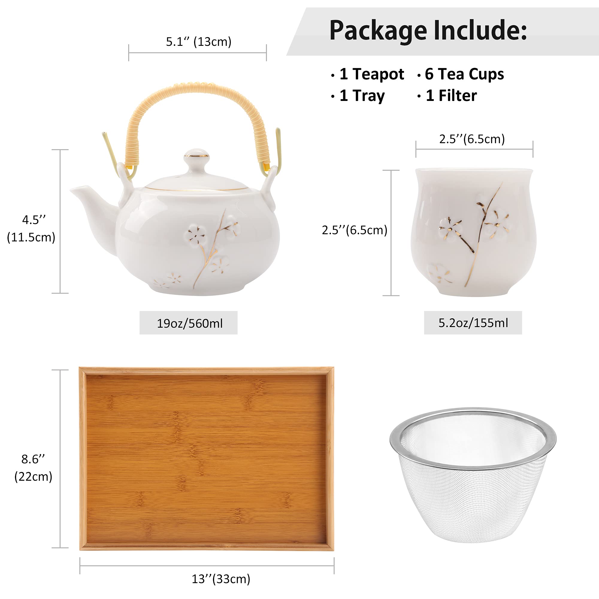 Dujust Japanese White Porcelain Tea Set with Teapot, 6 Cups & Tray