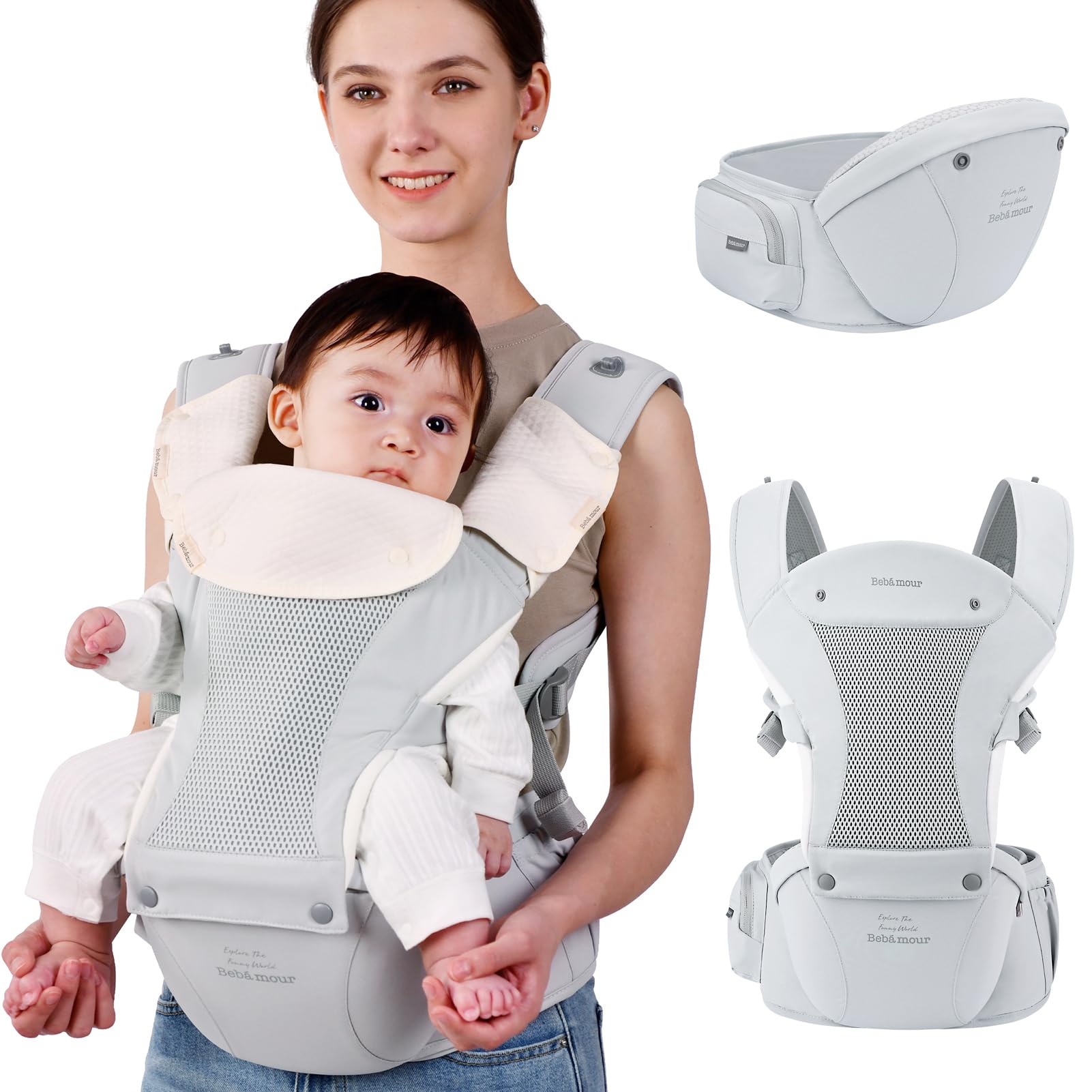 Bebear Hipseat Baby Carrier with Teething Pads & Hood – Grey Cotton
