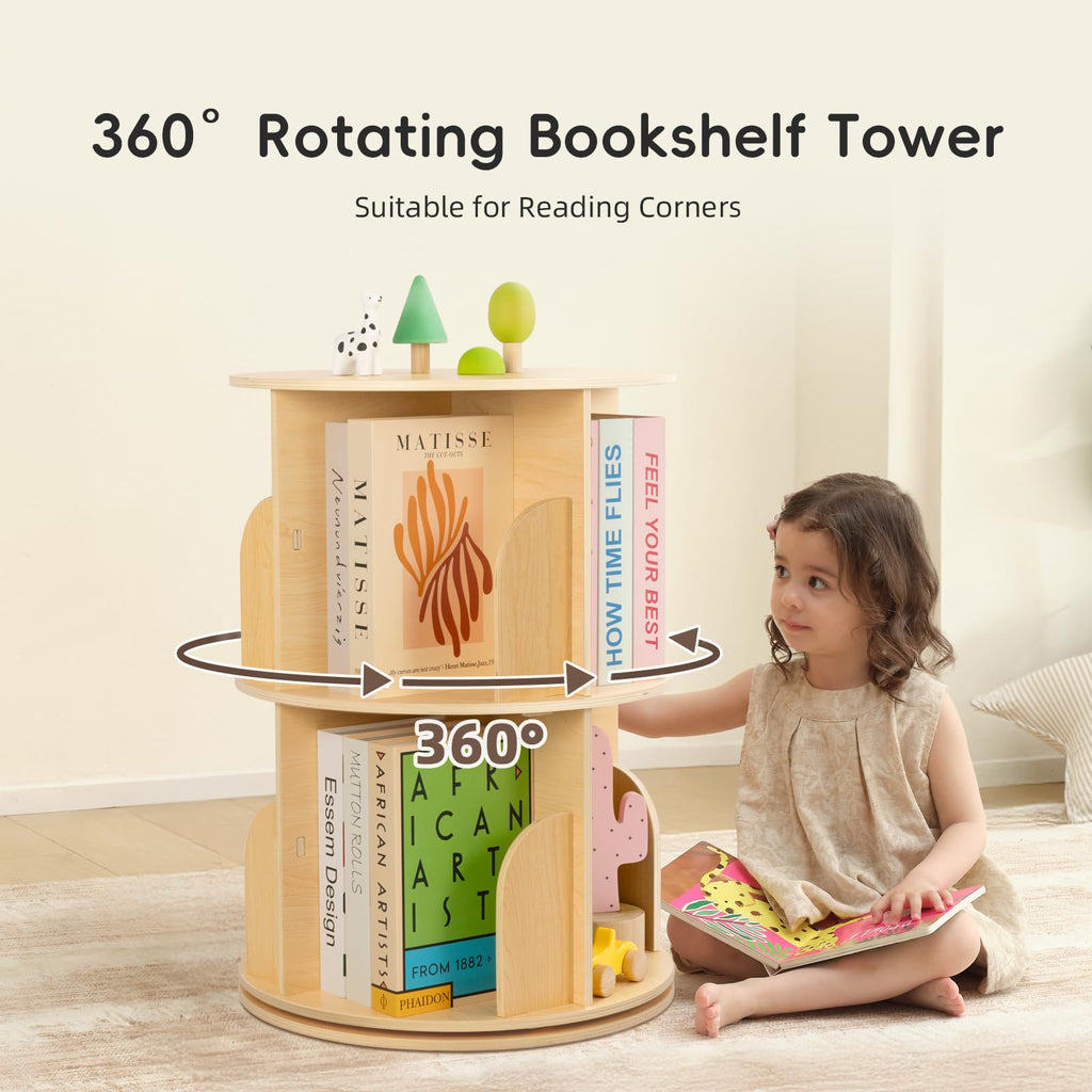 OOOK 2-Tier Rotating Bookshelf, Small Corner Wooden Spinning Book Shelf - image 3