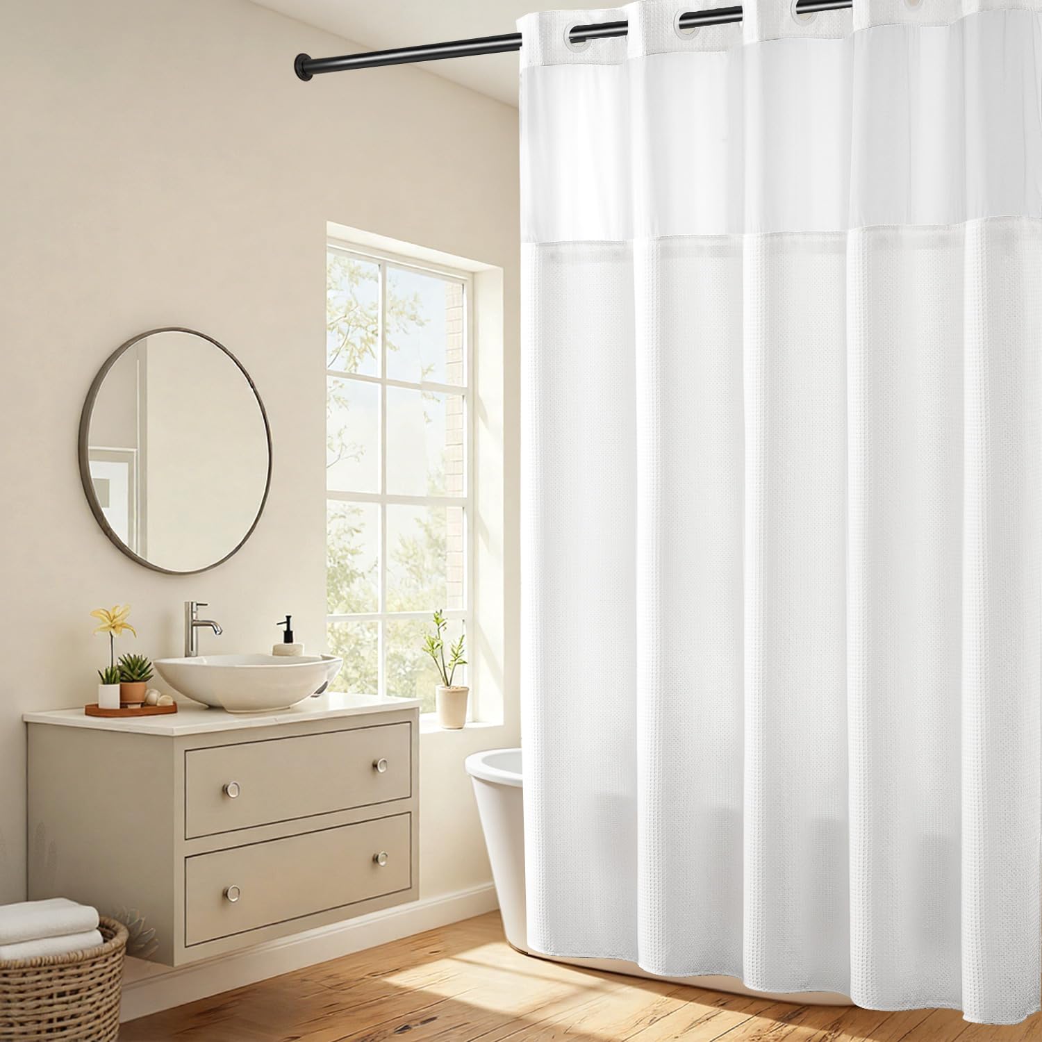 River Dream Waffle Weave Shower Curtain with Snap-in Liner - White, 86"L