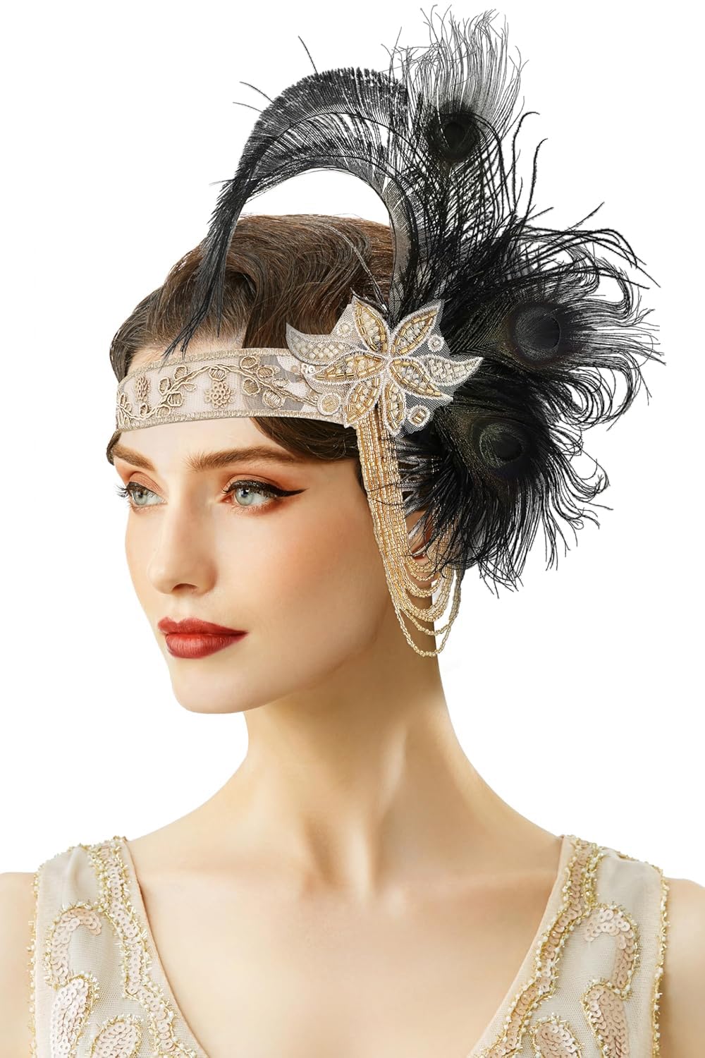 BABEYOND 1920s Flapper Feather Headband – Great Gatsby Hairpiece Black