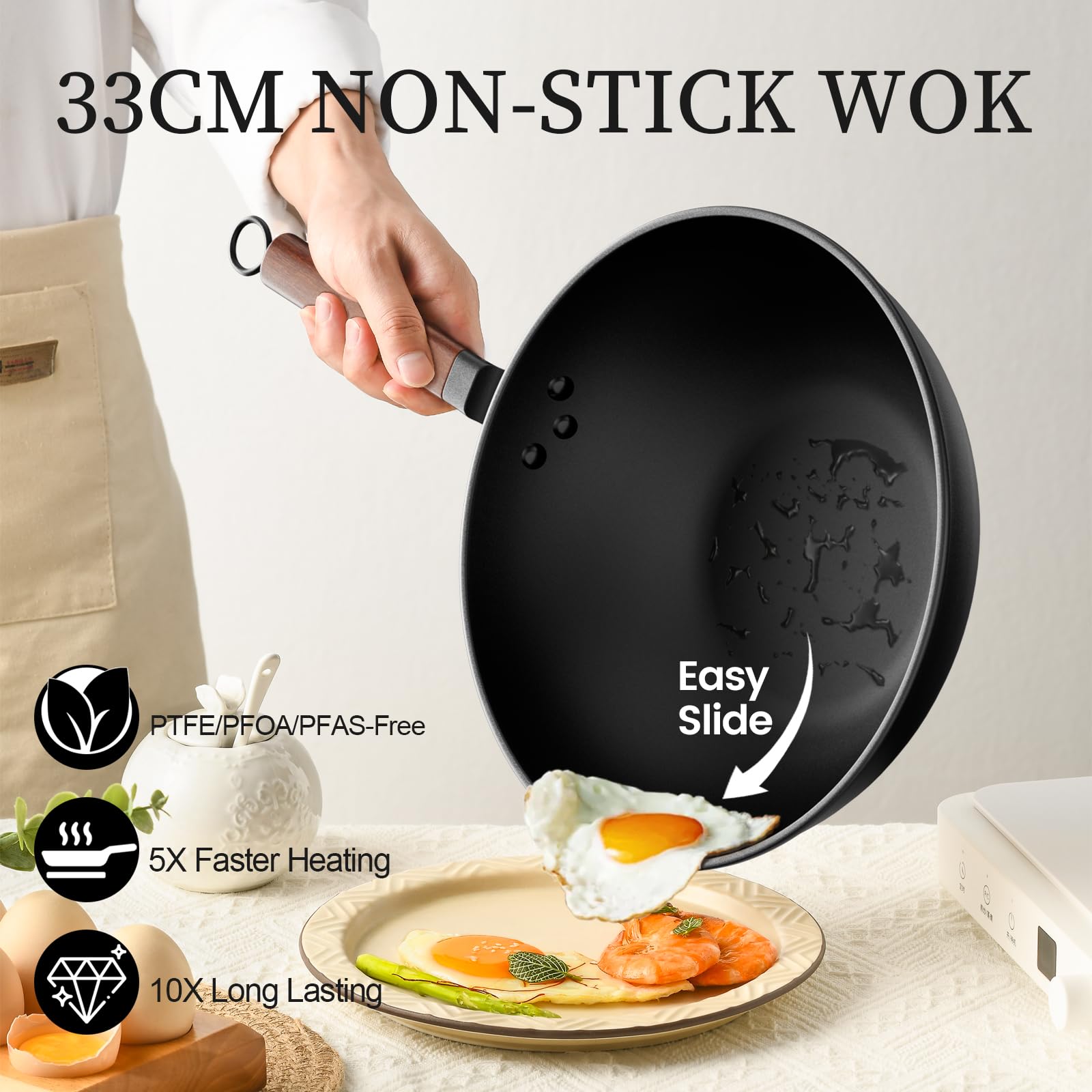 Jobin 13" Carbon Steel Wok with Lid – Non-Stick Flat Bottom Stir Fry Pan