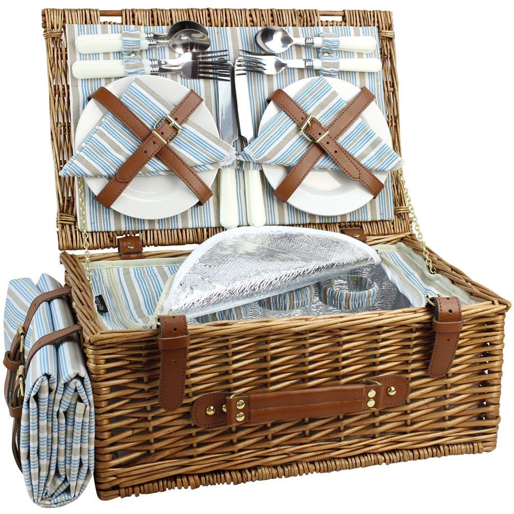 HappyPicnic Wicker Picnic Basket Set for 4 – Willow Hamper with Cooler