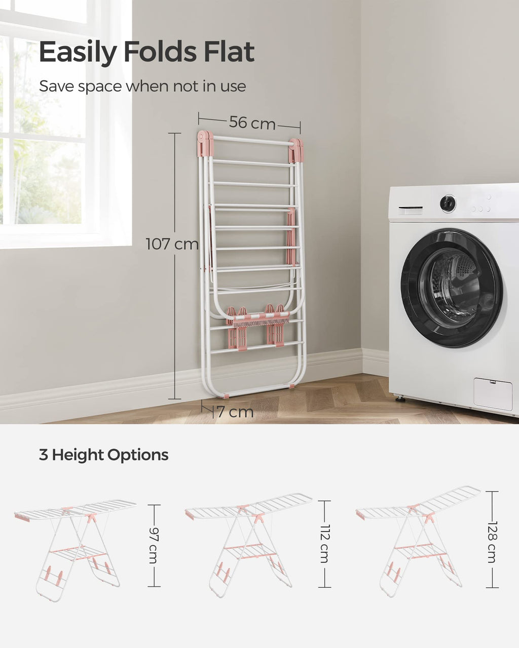 SONGMICS Foldable Clothes Drying Rack – Height-Adjustable Steel Airer