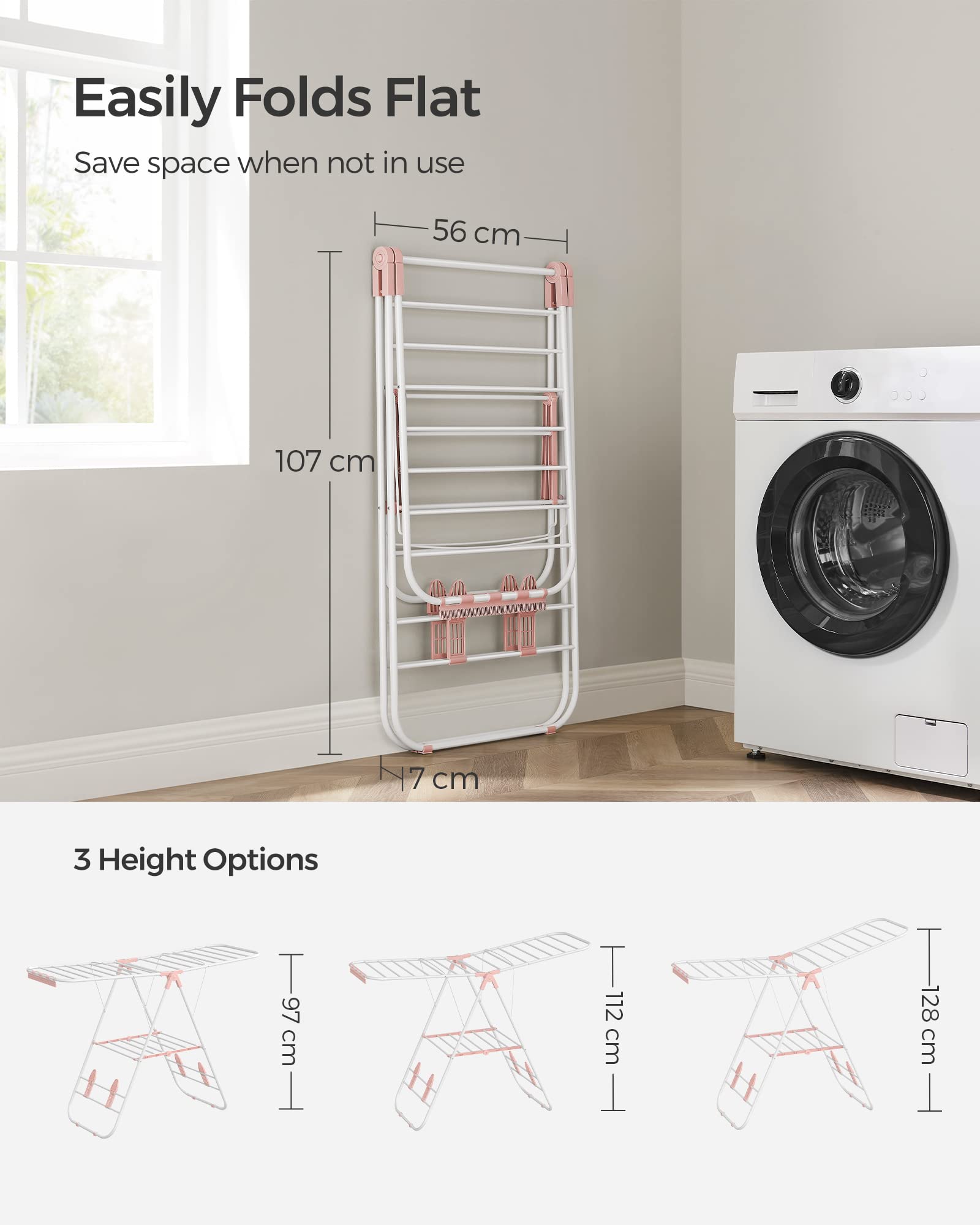 SONGMICS Foldable Clothes Drying Rack – Height-Adjustable Steel Airer