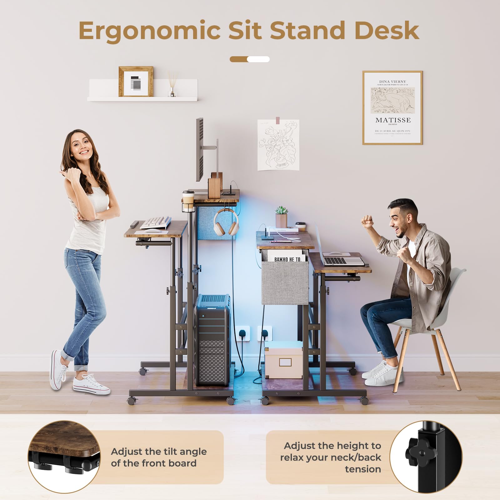 Dripex Mobile Standing Desk with LED Lights & Power Outlets | Rolling
