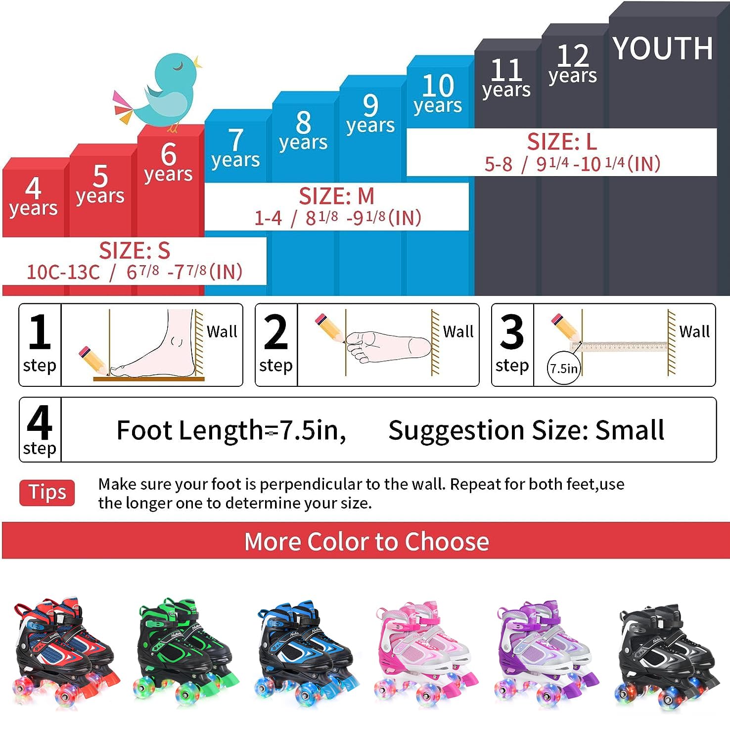 Nattork Kids Adjustable Roller Skates with Light up Wheels – 4 Sizes