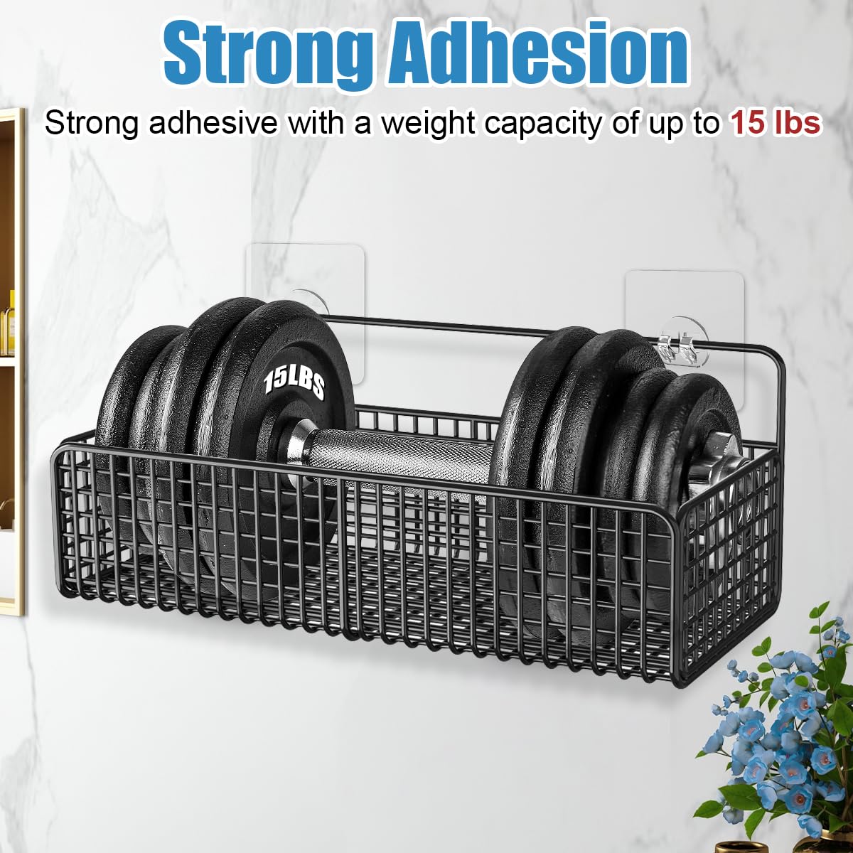 KOLAKO Wire Storage Basket, Self Adhesive Shower Storage Caddy Black, No Drilling Metal Shower Organiser, Wall Mounted Shampoo Holder - image 4