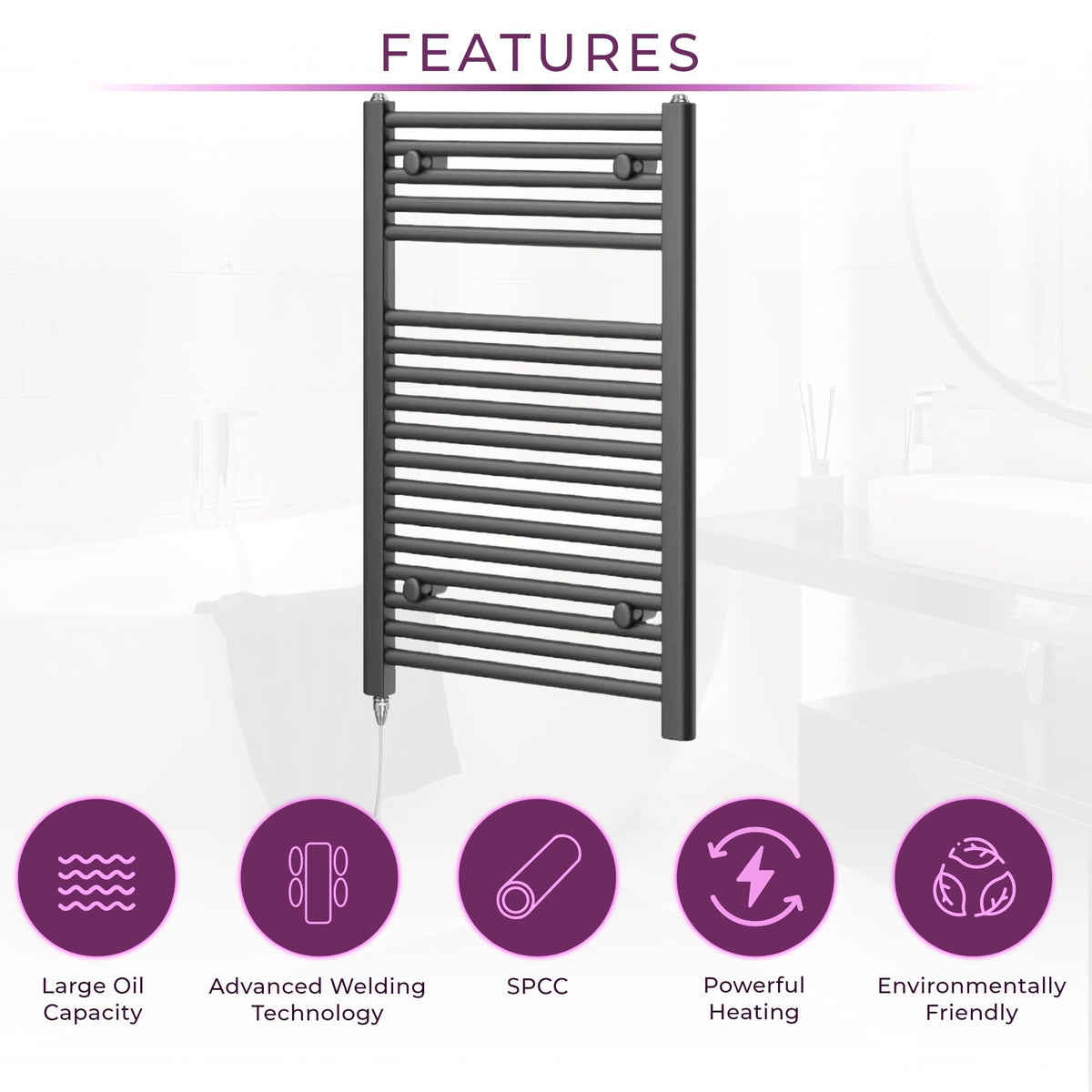 Newark Anthracite Electric Heated Towel Rail Wall Mounted Slim Ladder Design Bathroom Radiator - 770mm x 500mm