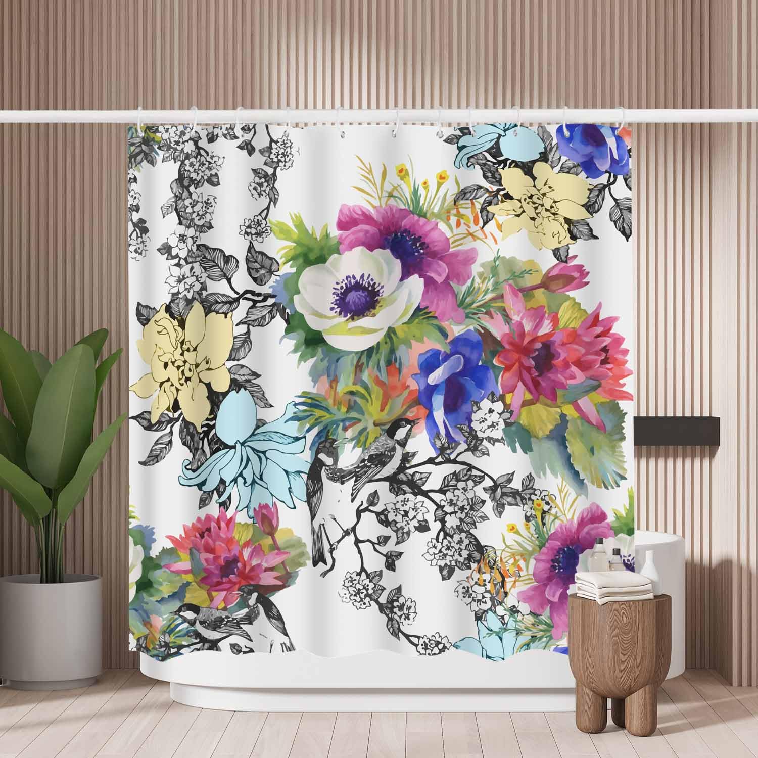 Woutay Floral Shower Curtain | Waterproof Mold Resistant Polyester 180x180cm