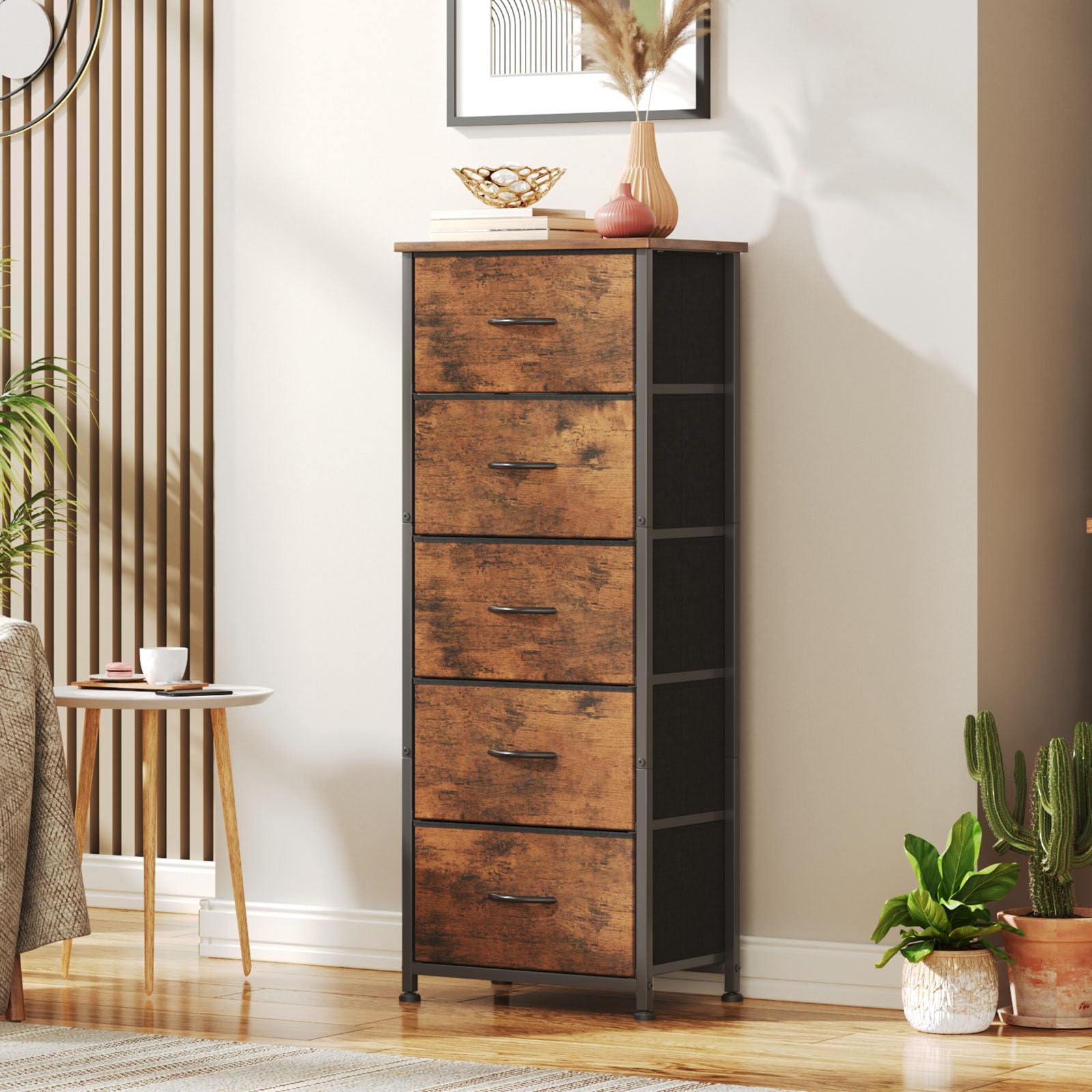 CAIYUN 5-Drawer Chest of Drawers | Tall Brown Fabric Storage Dresser