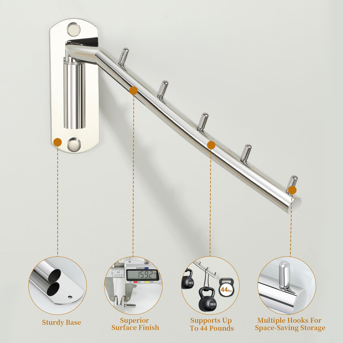 Mooche 2Pcs Wall Mounted Coat Rack Chrome, Swivel Clothes Rail, 27CM