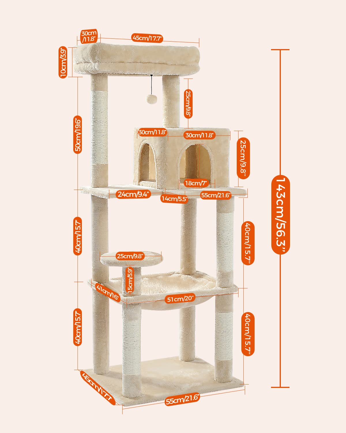 PAWZ Road 56.3" Large Cat Tree Tower with Hammock and Condo – Beige