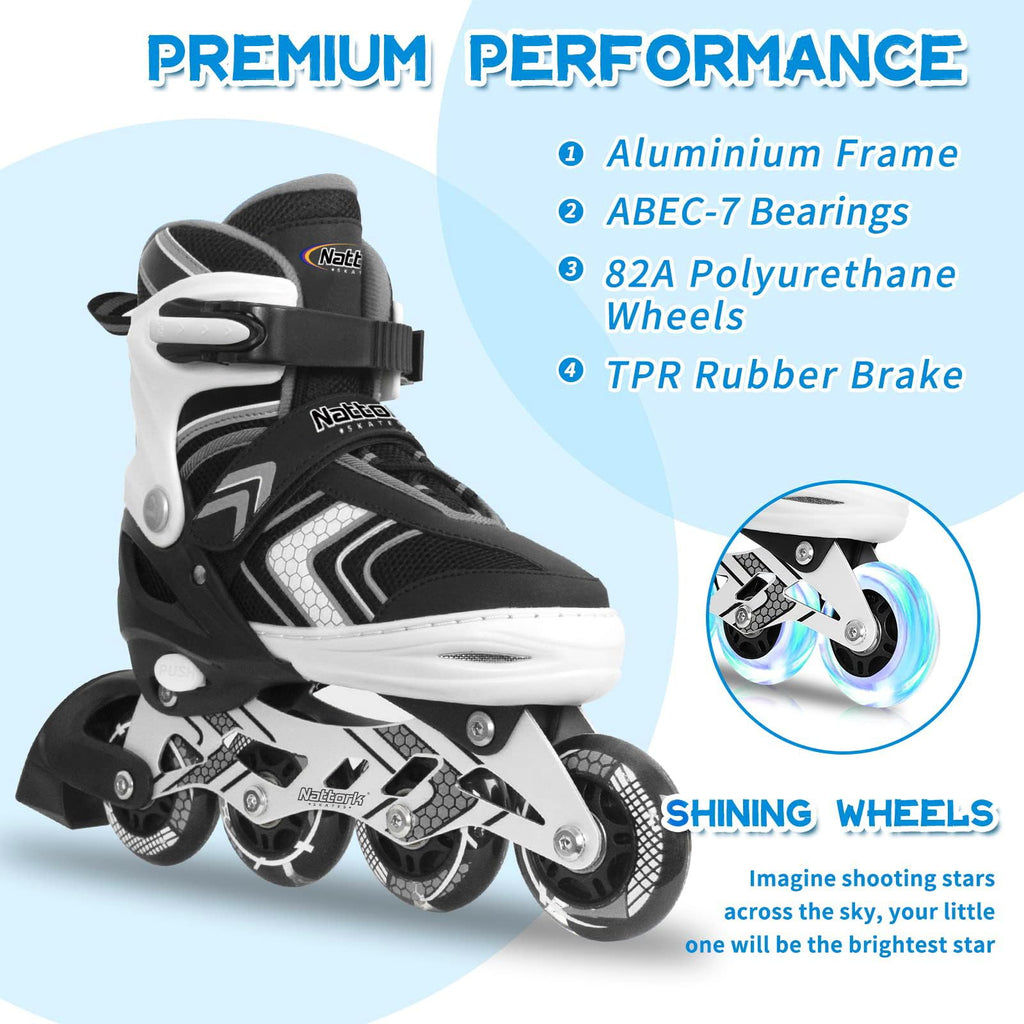 Nattork Kids Adjustable Inline Skates with Light Up Wheels – Black Size M
