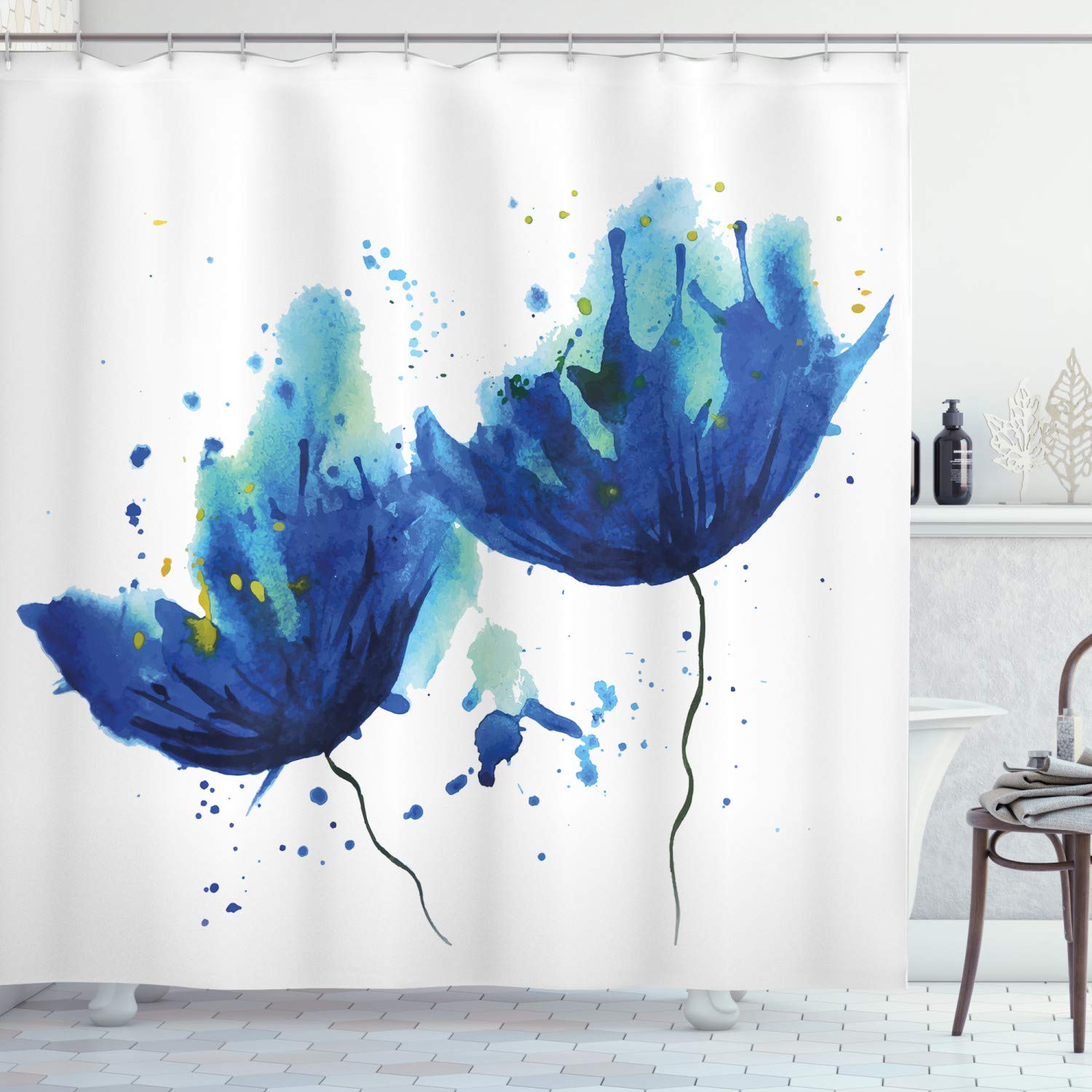 ABAKUHAUS Blue Floral Shower Curtain – Watercolor Abstract Fabric Decor