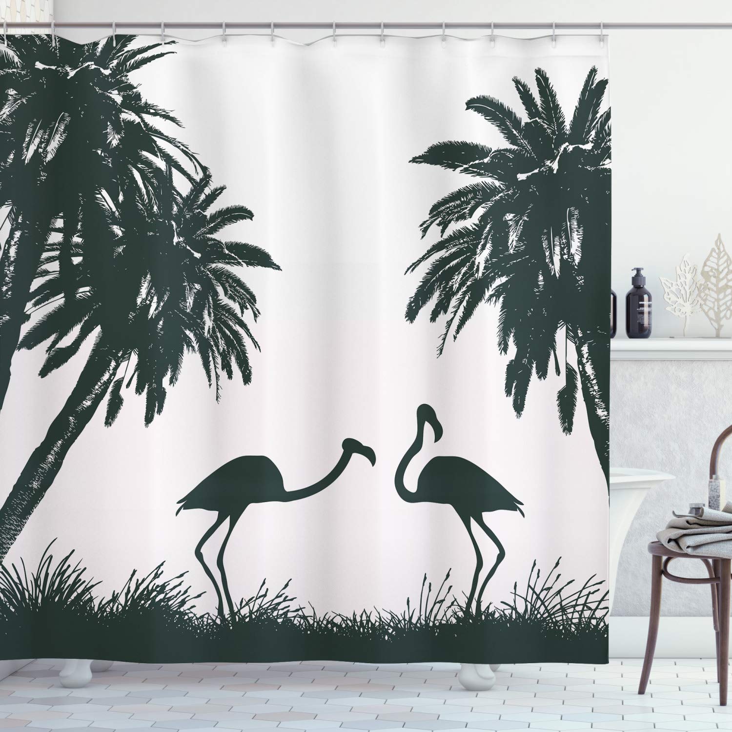 ABAKUHAUS Flamingo & Palm Tree Shower Curtain | Tropical Fabric Decor