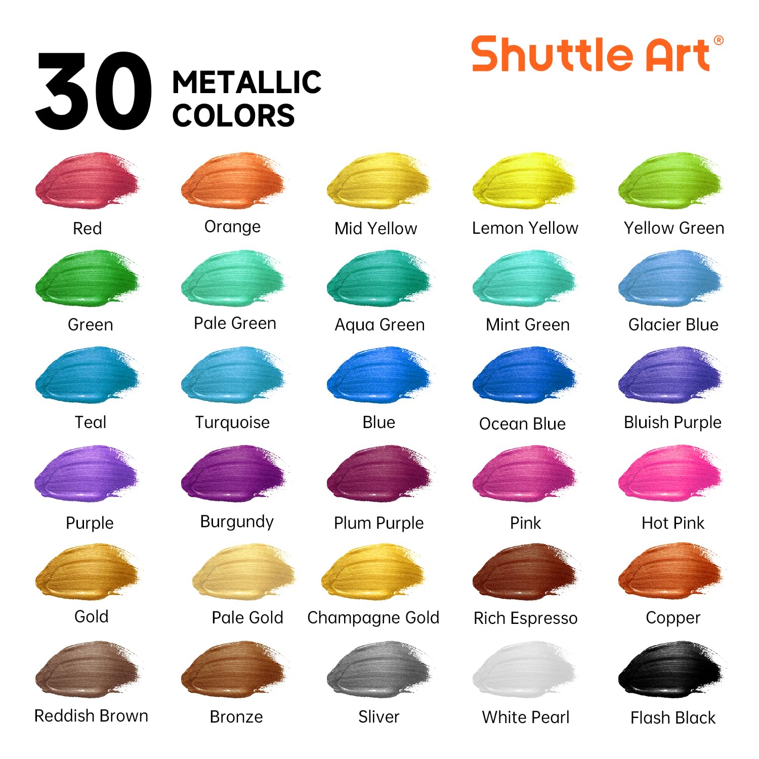 Shuttle Art Metallic Acrylic Paint Set - 30 Colors with Brushes & Palette
