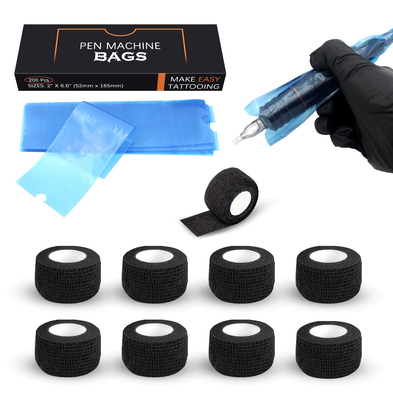 EZ Tattoo Machine Pen Covers and Grip Tape Set - 200 Sleeves & 9 Wraps