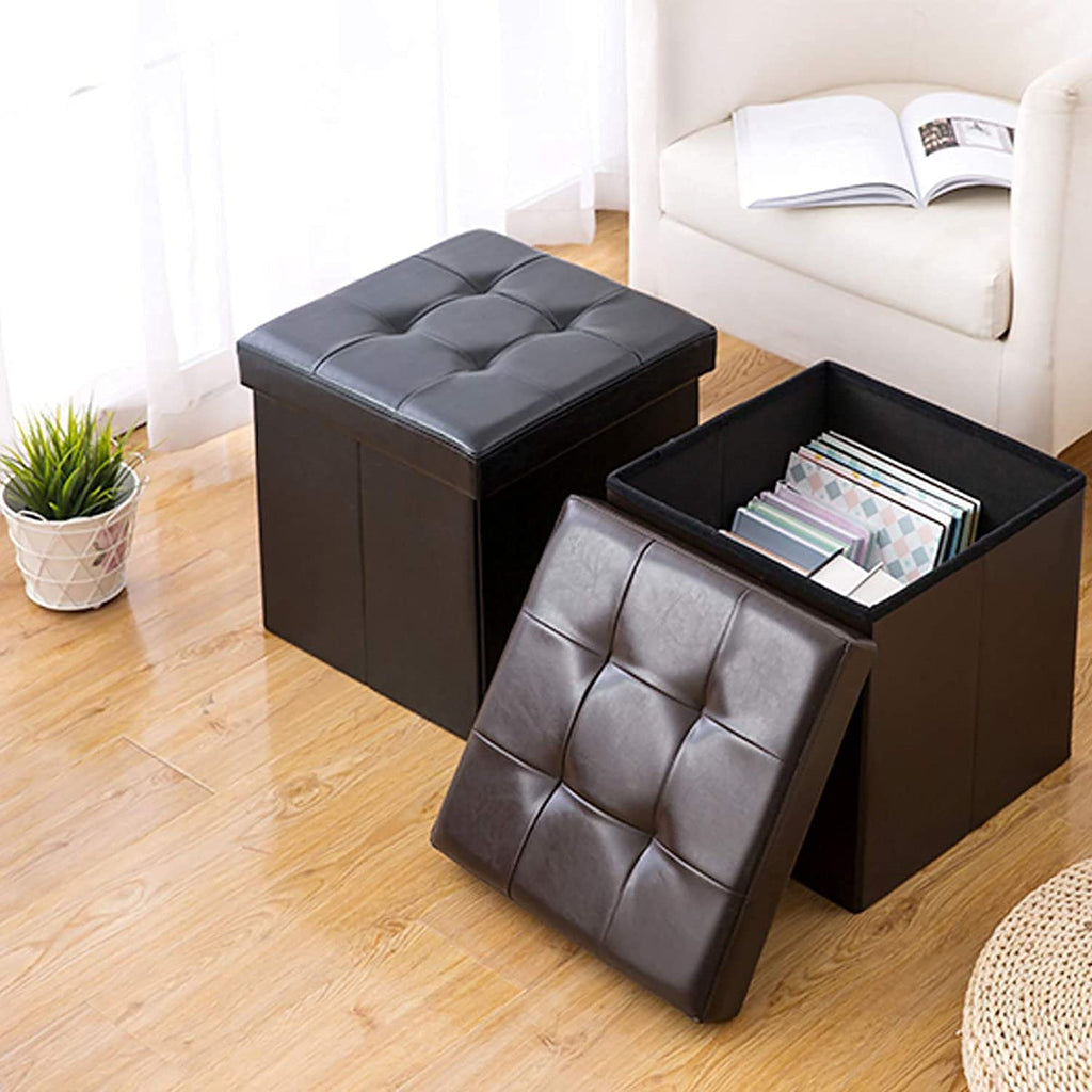 BRIAN & DANY Folding Ottoman Storage Box with Lid, Faux Leather Footstool Toy Storage Box Storage Seat 38 x 38 x 38 cm Brown