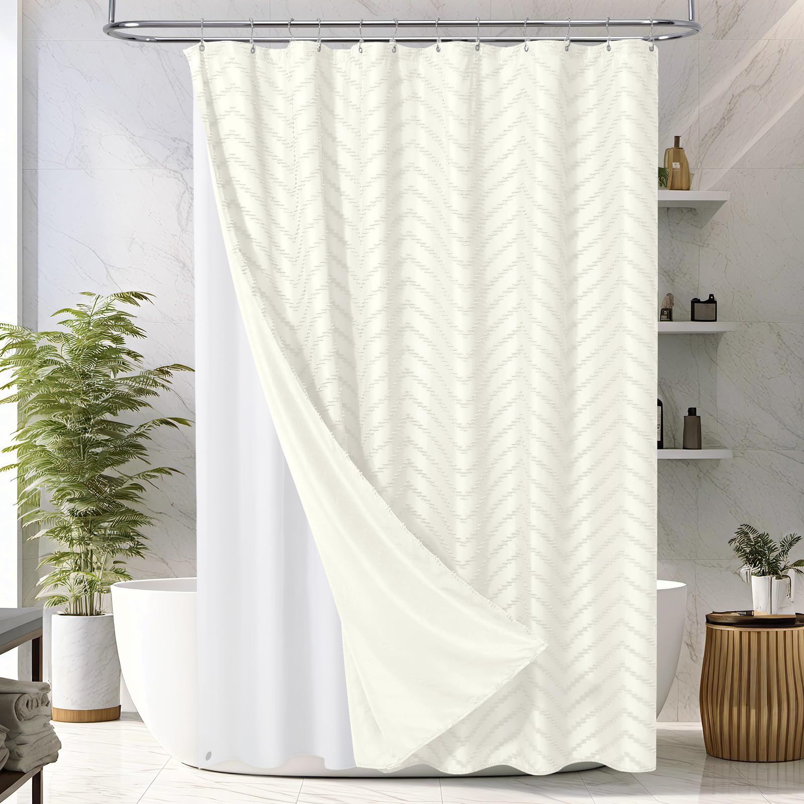 ROLIZOE 3-in-1 Boho Shower Curtain Set | Tufted Chevron Fabric & Liner
