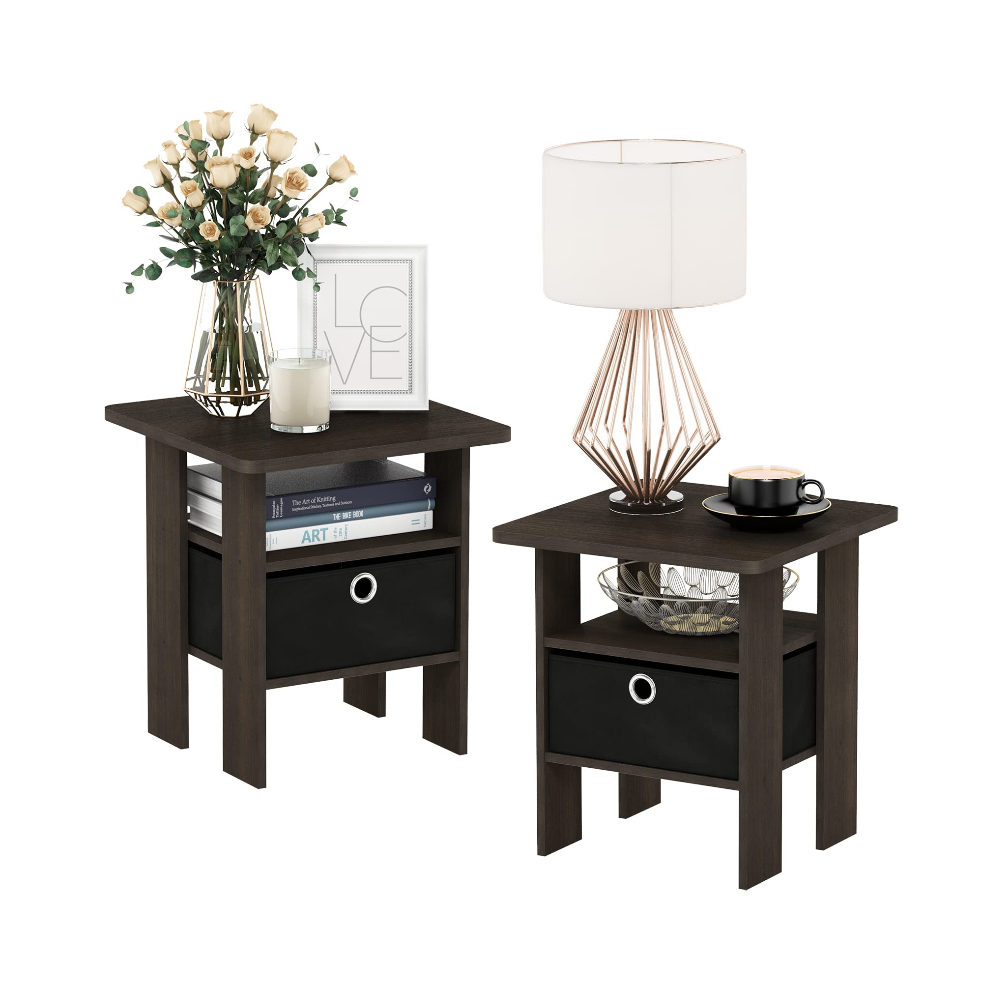Furinno Andrey Side Table Set of 2 | Nightstand with Storage Bin