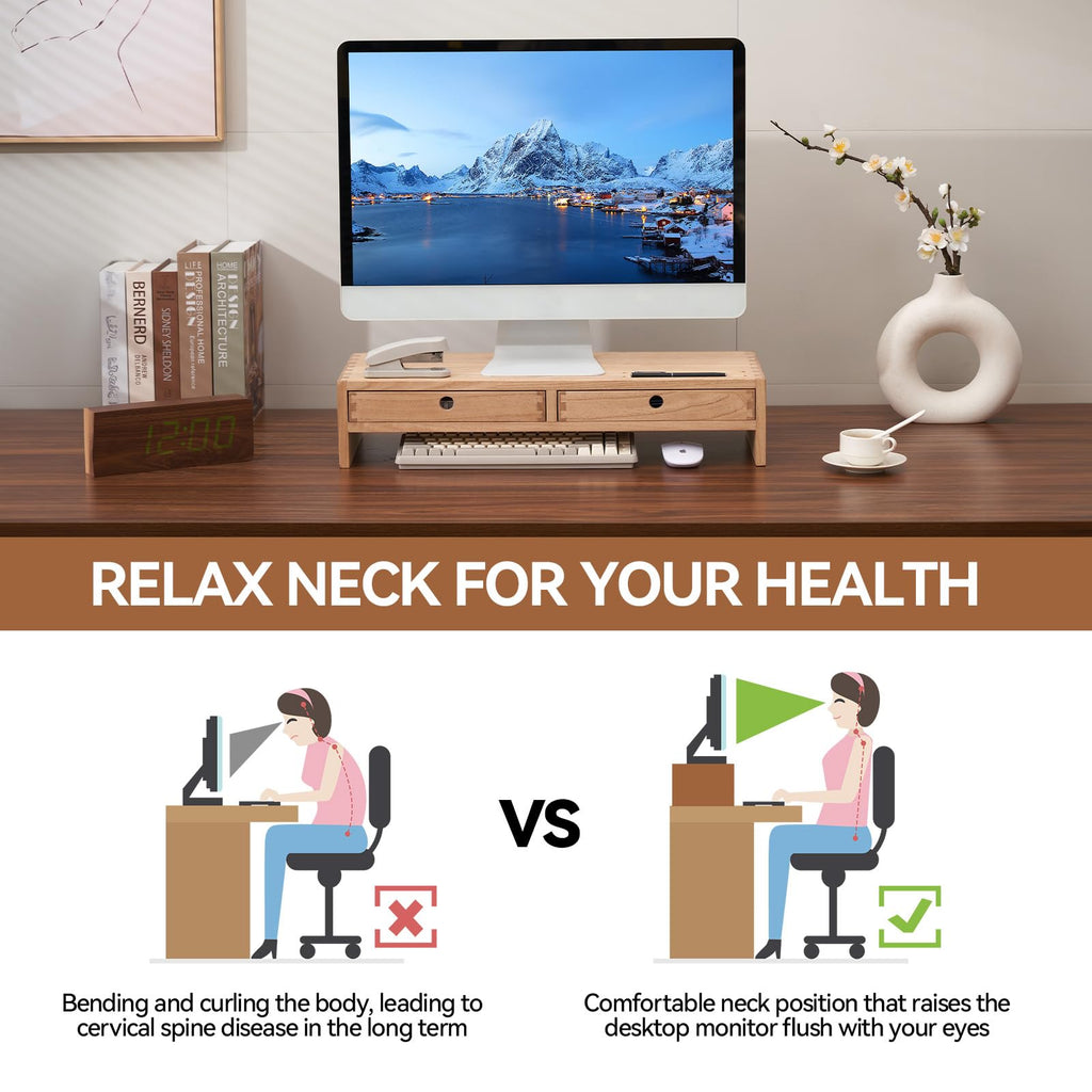 KIRIGEN Solid Wood Monitor Stand with 2 Drawers | Ergonomic Desk Riser