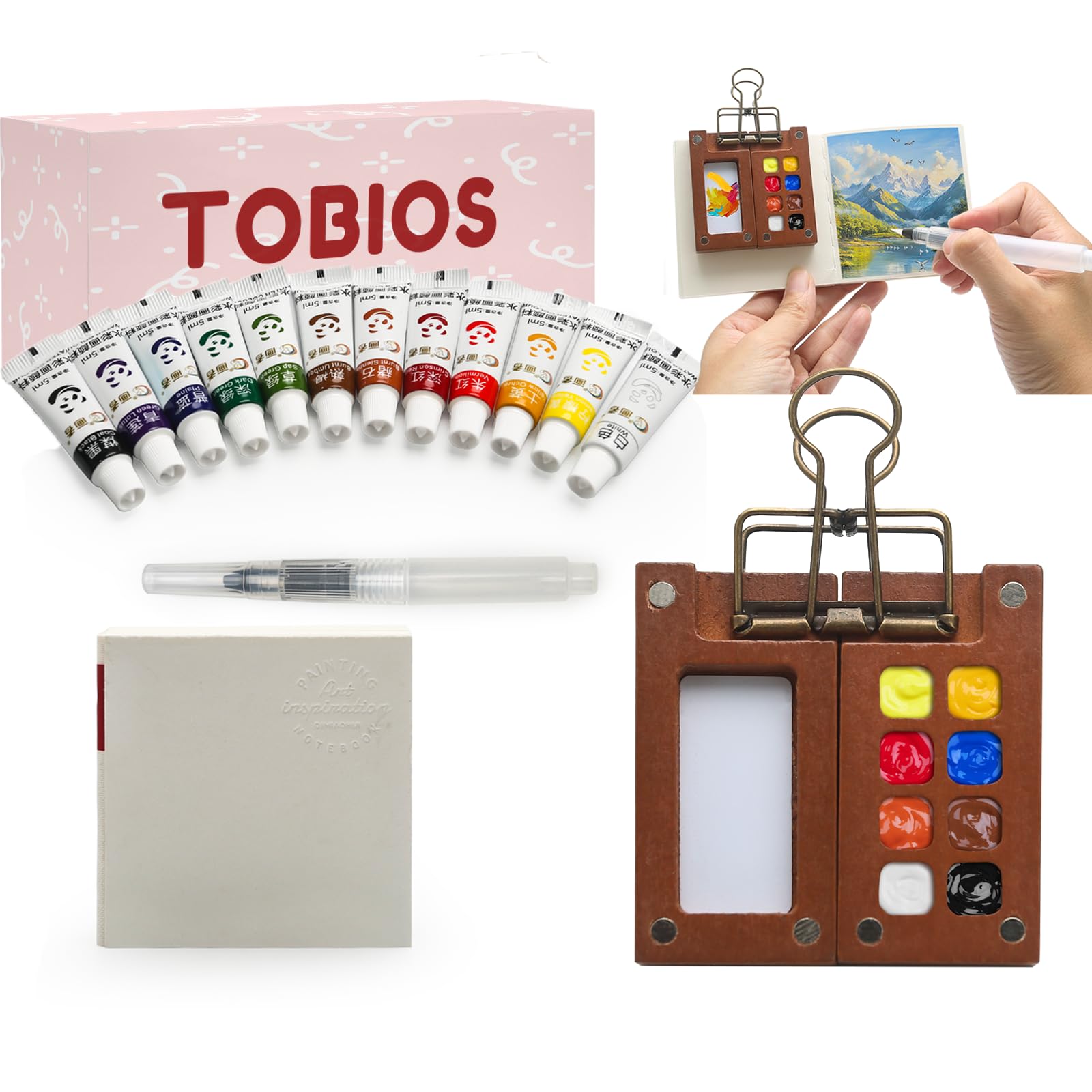 Tobios Mini Travel Watercolour Set | Wooden Palette and Sketchbook Kit