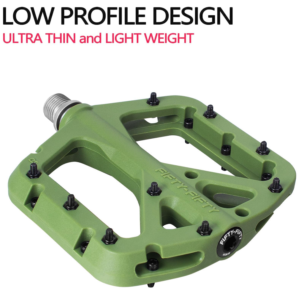 FIFTY-FIFTY MTB Pedals | Nylon Composite 9/16" Wide Flat Platform - Olive