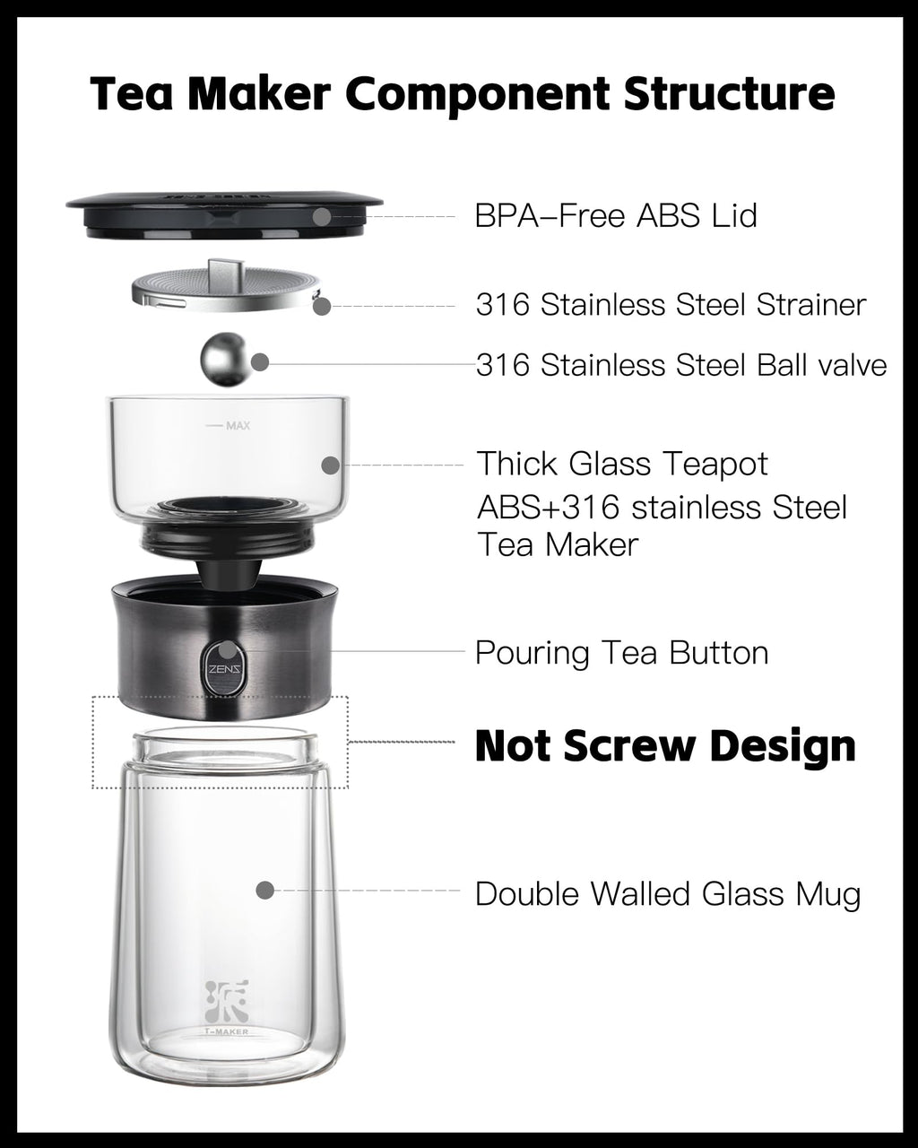 ZENS One Touch Glass Tea Infuser Teapot – 270ml Gongfu Brewer with Case