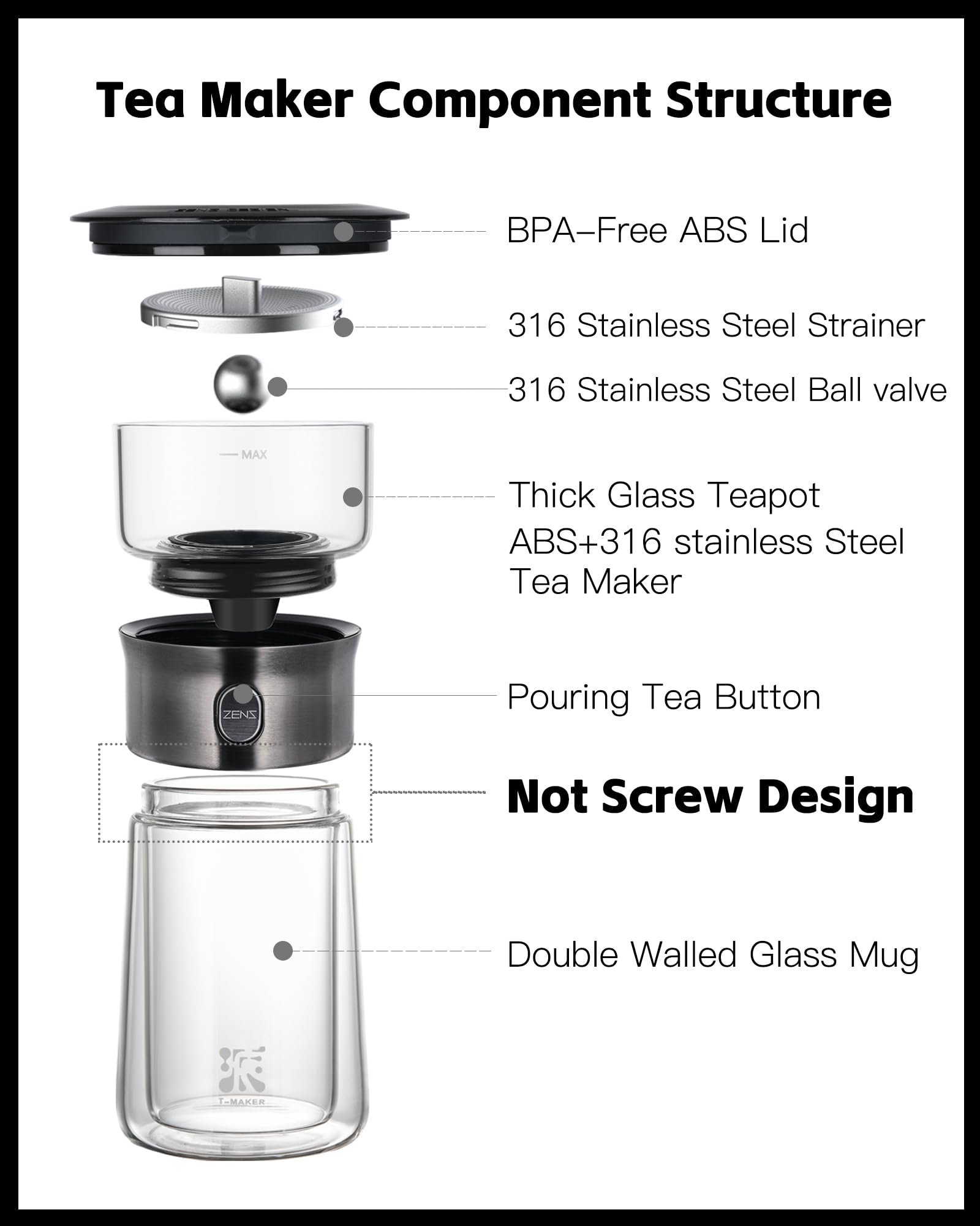 ZENS One Touch Glass Tea Infuser Teapot – 270ml Gongfu Brewer with Case