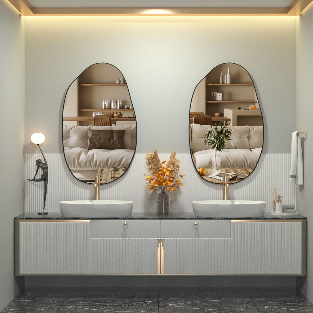CASSILANDO Irregular Asymmetrical Wall Mirror | Black Wood Frame, 85x52cm