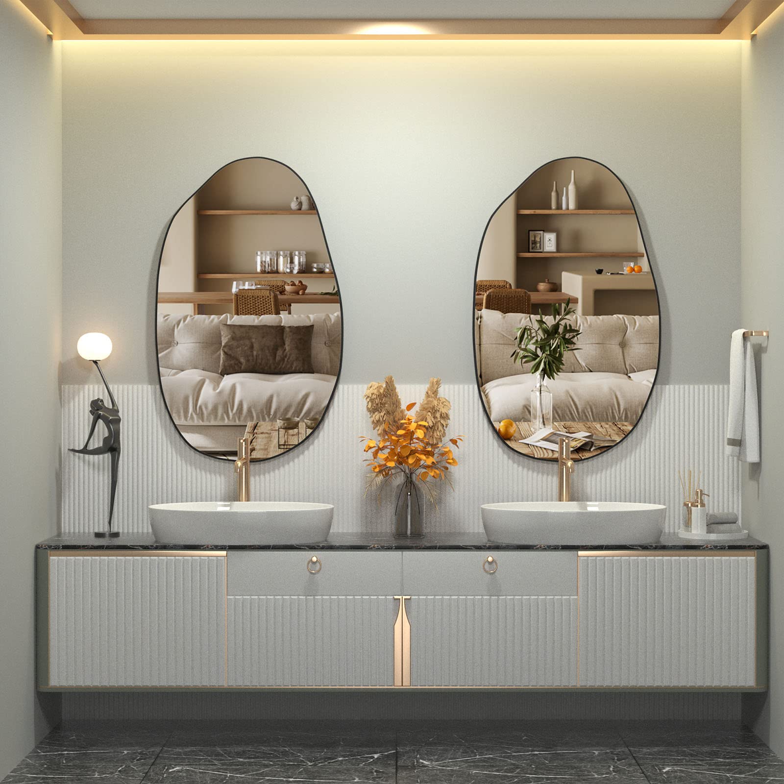 CASSILANDO Irregular Asymmetrical Wall Mirror | Black Wood Frame, 85x52cm