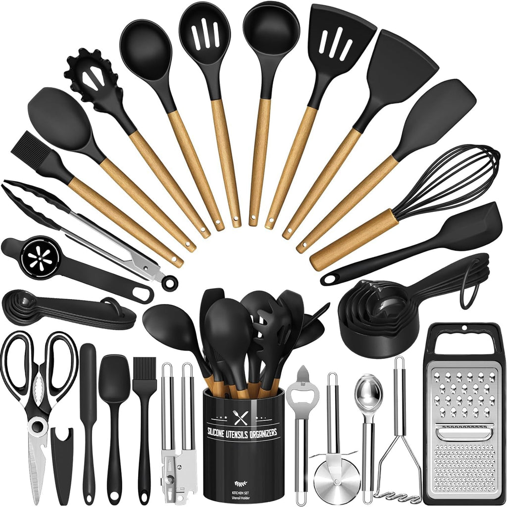 34-Piece Silicone Kitchen Utensils Set with Wooden Handles
