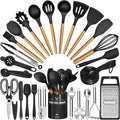 34-Piece Silicone Kitchen Utensils Set with Wooden Handles