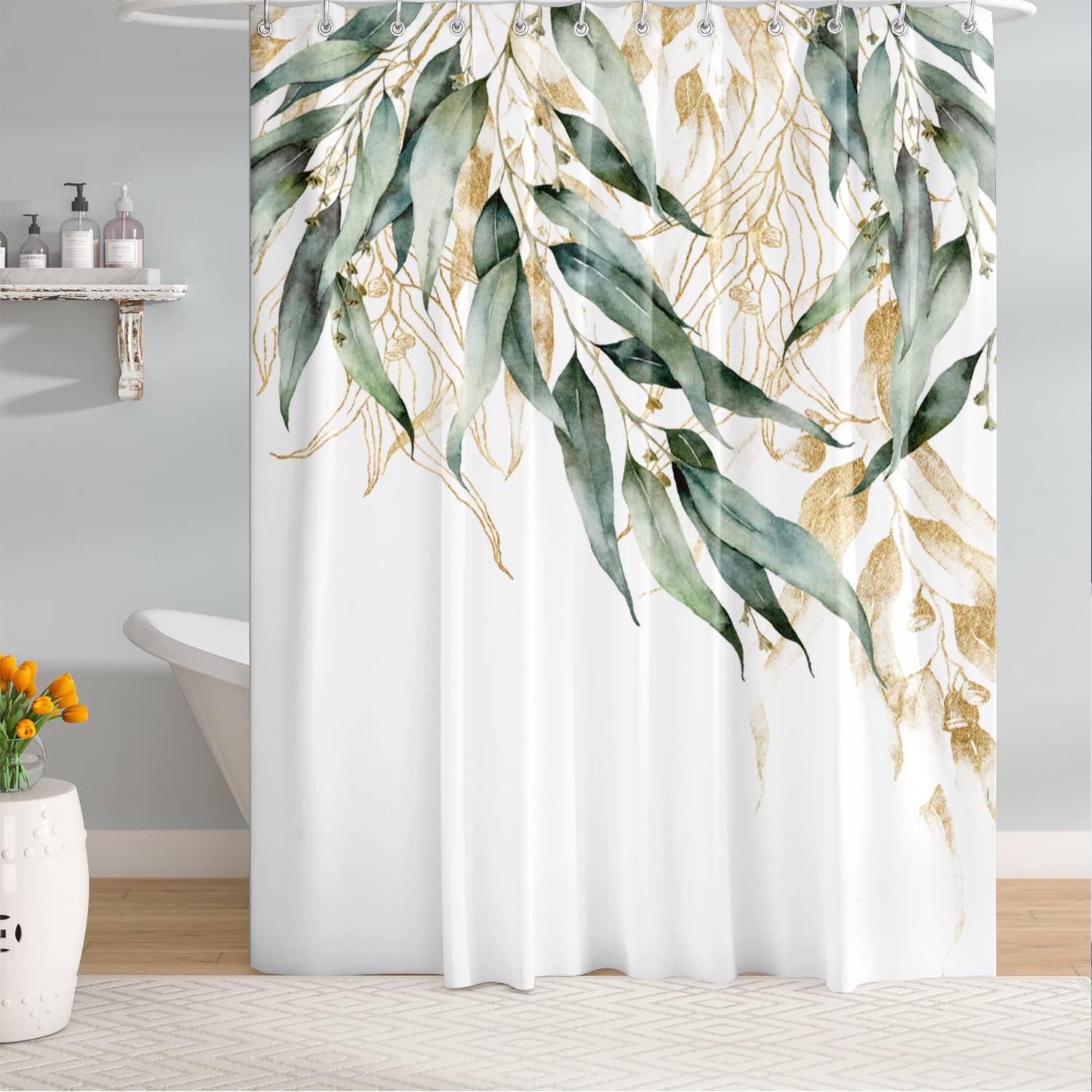 Shower Curtain – Green Gold Leaves Polyester Anti-Mould