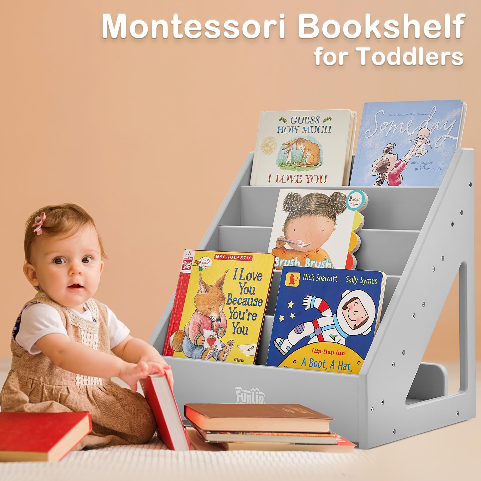 FUNLIO Montessori Bookshelf – Front-Facing Pine Wood Toddler Bookcase