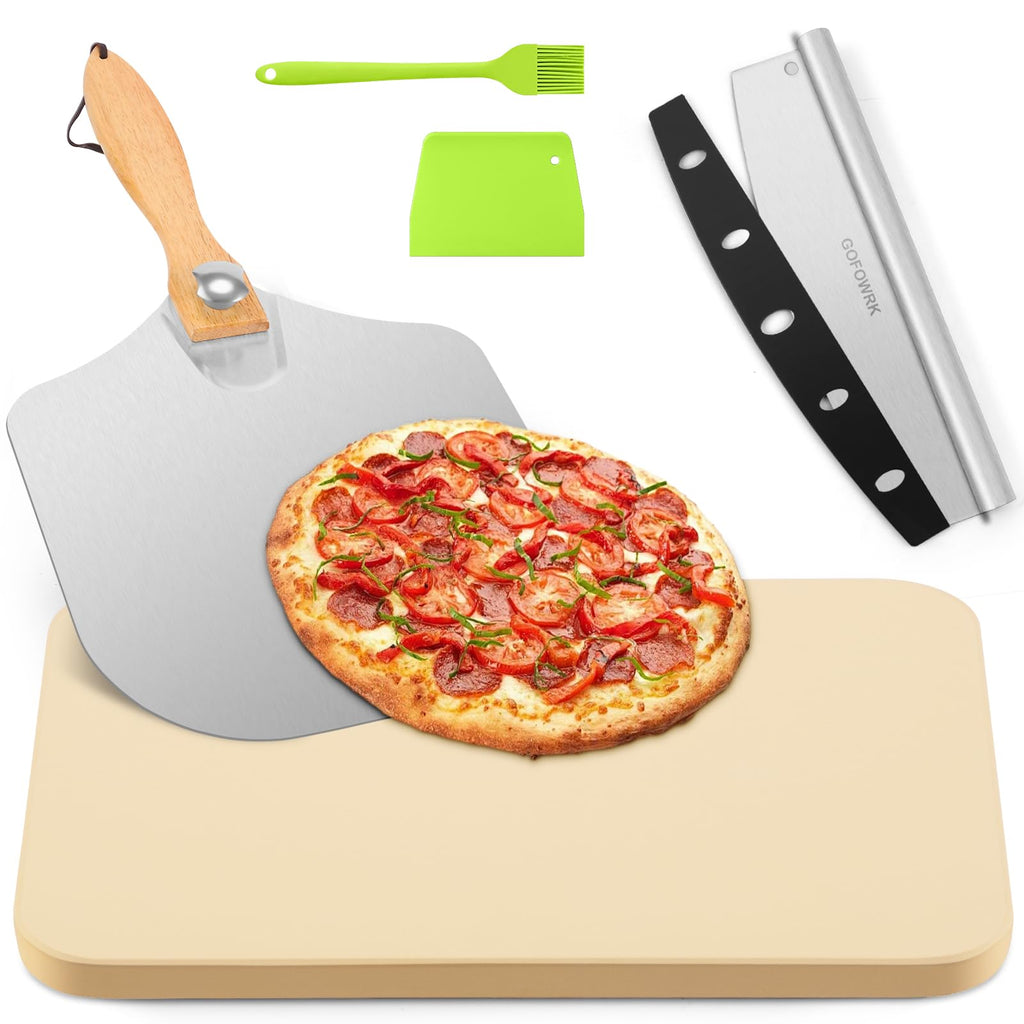 GOFOWRK Cordierite Pizza Stone Set – 38x30cm Rectangle Baking Stone, 5 PCS