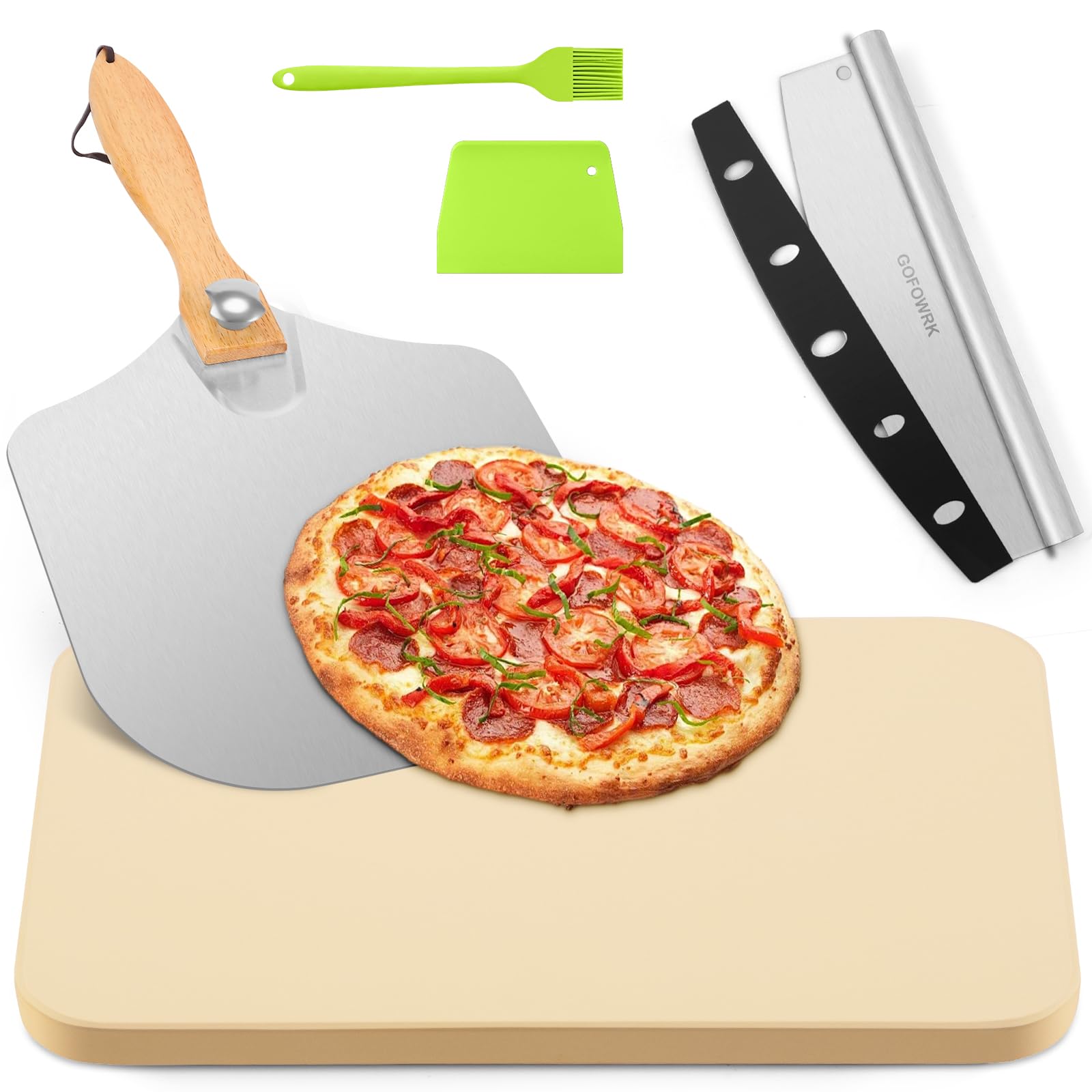GOFOWRK Cordierite Pizza Stone Set – 38x30cm Rectangle Baking Stone, 5 PCS